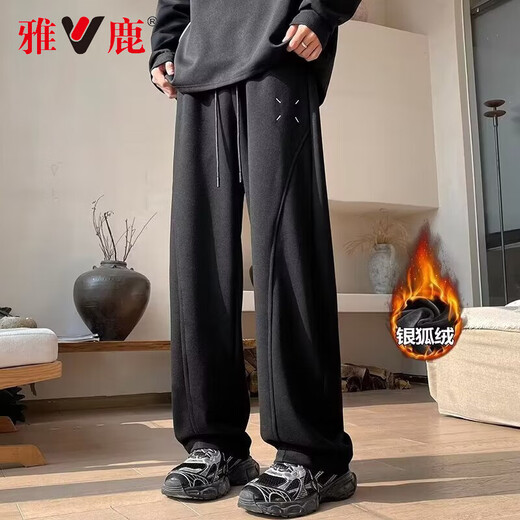 雅鹿弯刀裤男垂感直筒潮牌休闲裤男生运动裤宽松阔腿裤潮流显瘦裤子男 黑色 XL