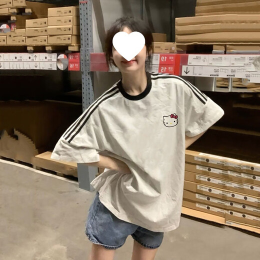 S.SOFEAHelloKitty短袖T恤女初中生夏季宽松上衣 米灰色*719 M