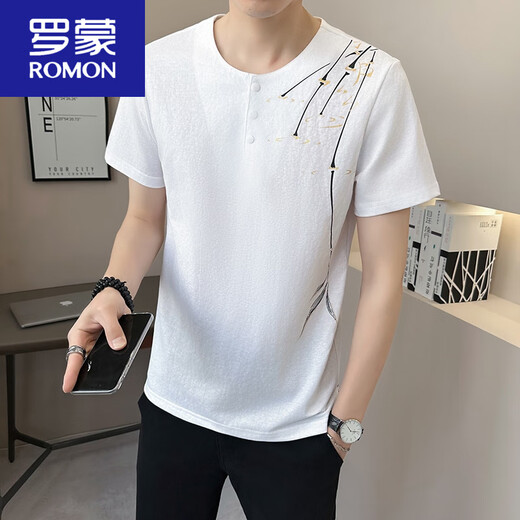 Romon (Romon) Nouveau t-shirt à col courte en V chinois pour hommes en été 2025 Nouveau t-shirt pour hommes à manches à manches à manches à manches 9856 (environ 105 ~ 120 Jin [Jin est égal à 0,5 kg] peut être usé)