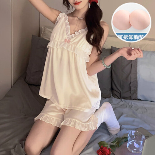 仙僖俫夏季新款带胸垫吊带睡衣家居服薄款蕾丝花边套装 JDX-9221#【粉色】 170 M