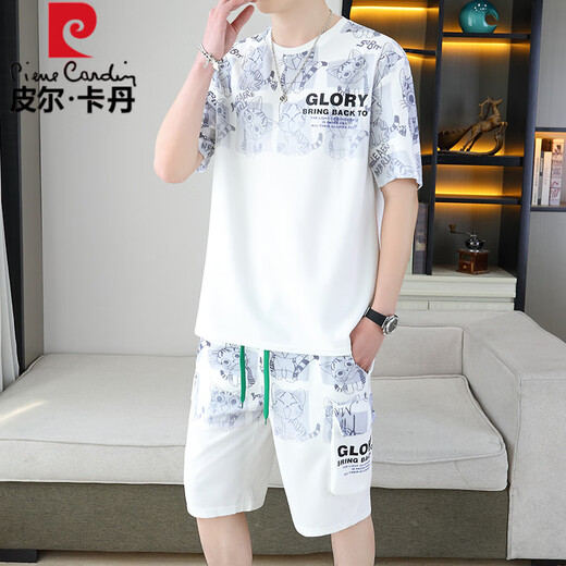 Pierre cardin 2025 summer new short-sleeved suit men's youth versatile shorts casual sports two-piece set gradient color men's clothing 6187 blue M [suitable for 75-100Jin [Jin equals 0.5 kg]]