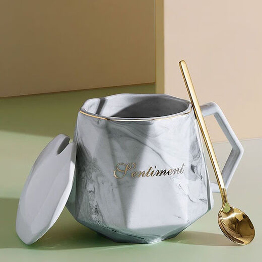 Cup ins high-looking mug couple style cup drinking cup household cup ceramic lid spoon stone pattern cup gray cup + lid + spoon 1 piece 400ml