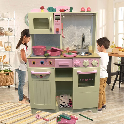 Shantoulin Village large-sized early education girl wooden children playing house wooden kitchen real cooking toy simulated kitchenware set Strawberry kitchen
