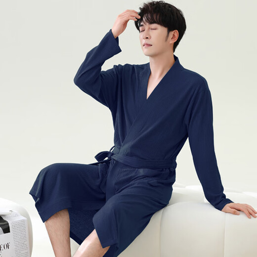 Shantou Lincun Waffle Bathroom Men's Spring and Autumn Pure Cotton Medium-length Men's Nightgown 2025 New Water-absorbing Integrated Yukata LJ16822 M Size [Weight 100-120Jin [Jin equals 0.5 kg]]
