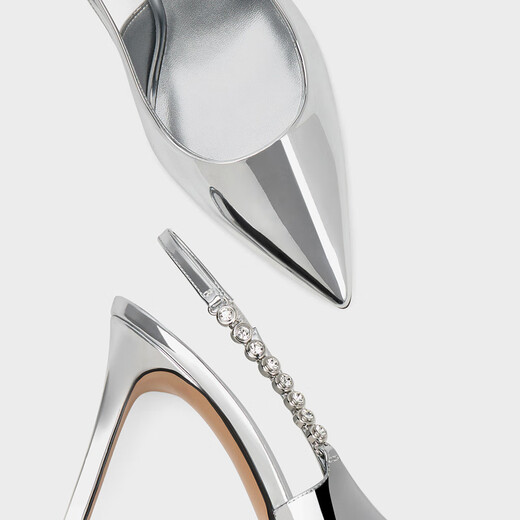 
CHARLES/KEITH texture chain pointed toe high heel sandals for women's shoes birthday gift for girls CK1-60280377 Silver silver 37 (235)