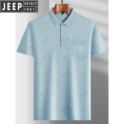吉普（JEEP）中年男士翻领短袖t恤爸爸装夏季薄款polo衫中老年冰丝半袖上衣男 冰丝-9923 蓝色 真口袋 XL 52/175