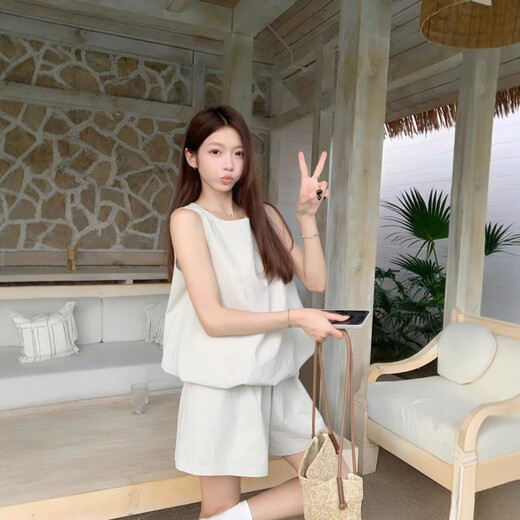 荣西图（RONGXITU）多巴胺少女两件套无袖背心配高腰阔腿短裤显瘦 9719杏绿色上衣 2XL