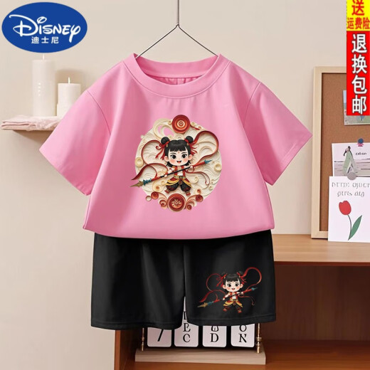 迪士尼（DISNEY）哪吒之魔童闹海男童女童纯棉短袖2025夏季新款儿童短裤套装两件套 1092#后包T酒红+小1098#黑短裤 90