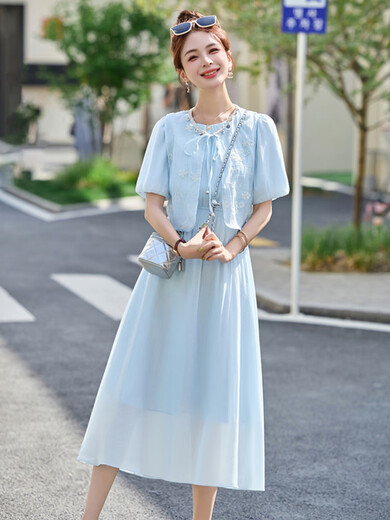 XAE luxury high-end brand short-sleeved dress for women 2025 summer new round neck embroidered vest small shawl set skirt blue L [recommended 110-120Jin [Jin equals 0.5 kg]]