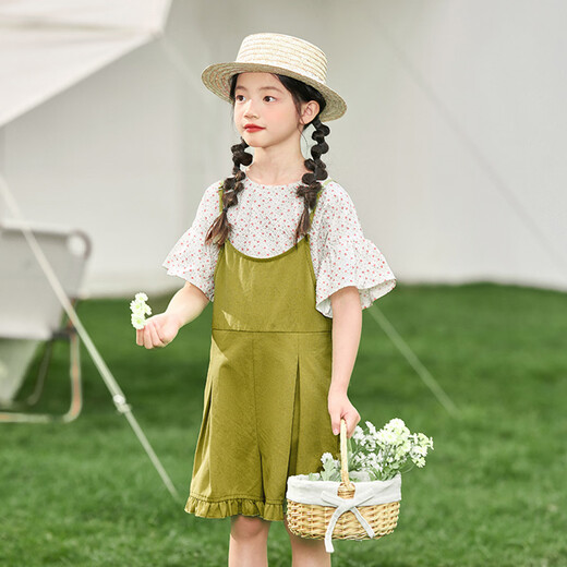 茵曼女童背带短裤套装2025夏装新款短袖中大童洋气儿童多巴胺两件套潮 茶绿色 160