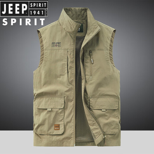 JEEP SPIRIT吉普男士立领多袋速干马甲春秋季新款工装户外中年休闲坎肩马夹 卡其色 677 L