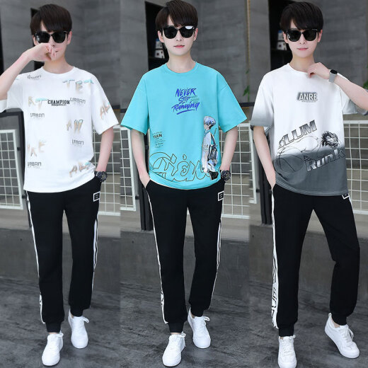 Saiyou Junior High School Students Short-sleeved Teenager Cotton T-shirt Boy Junior High School Students 12-16 Years Old Sports Set is Handsome 9226 White Blue [Set] S About 60-75 Jin [Jin equals 0.5 kg]