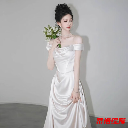 蒂洛缇娜缎面轻婚纱晚礼服女夏一字肩简约复古法式迎宾出门纱气质白色订婚 白色 M