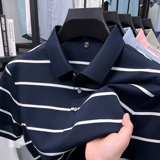 Kangaroo (DaiShu) short-sleeved T-shirt for men 2025 summer trendy striped lapel half-sleeved business casual loose large-size top middle-aged AN15100 light sky blue L