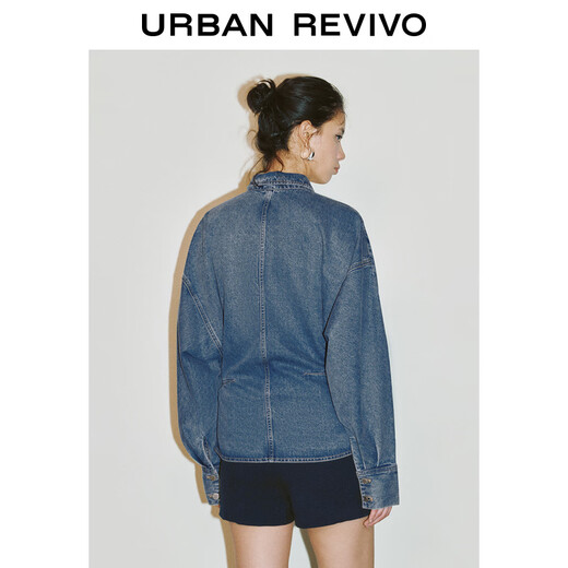 UR2025 Spring New Women's Fashion Retro Waist Slit Long Sleeve Denim Shirt UWG850087