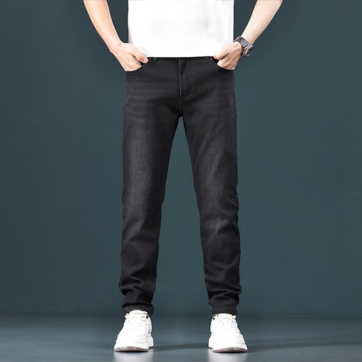 Canelin Kiskha Summer Thin Three-Defense White Jeans Men's Slim Straight-Legging Pants High-end Business Men's Casual Loose Long Pants 1048 Black Regular [77.9% Cotton 12% Viscose] Size 32