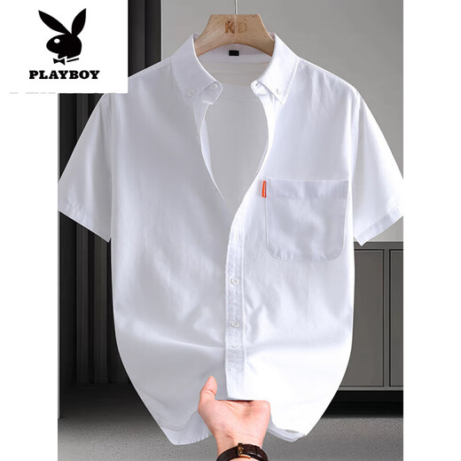 花花公子（PLAYBOY）男士短袖衬衫夏季白色商务休闲衬衣夏天薄款纯色半袖新品 D682白色 M (建议90-105斤)