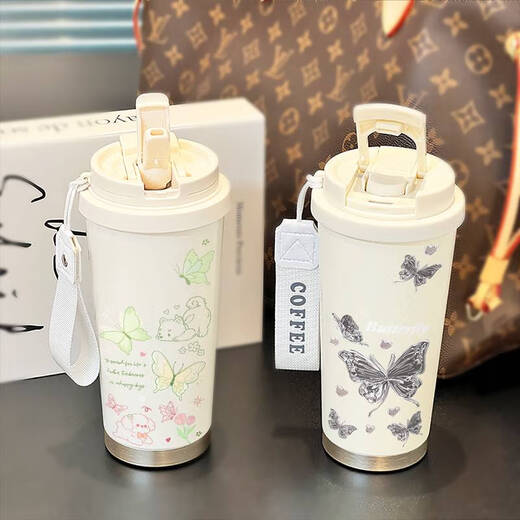 咏幻蝴蝶保温杯新款高颜值便携吸管车载咖啡杯大容量水杯子女学生 古董白-BWB6190蝴蝶 不锈钢