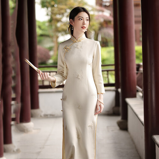 绣花长款改良旗袍2025新款年轻款女复古修身中长袖日常可穿春秋装 13566香槟 S