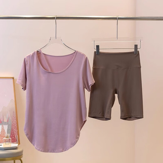 Baichao Yoga Suit Women's Summer Gym Loose Slim Covering Sports Running Pilates Top Cycling Fitness Clothes White Short Sleeves + Cocoa Color Five-Feng Pants S (Recommended 75-95Jin Jin equals 0.5kg)