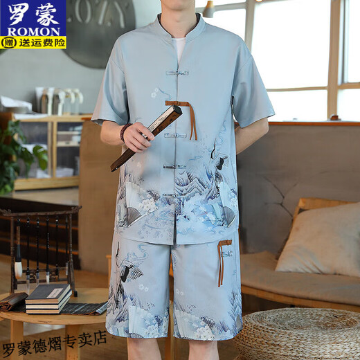 
Romon Chinese style ice silk short-sleeved Tang suit men's summer half-sleeved Chinese Hanfu loose paired shorts set trendy Y10 white 2XL