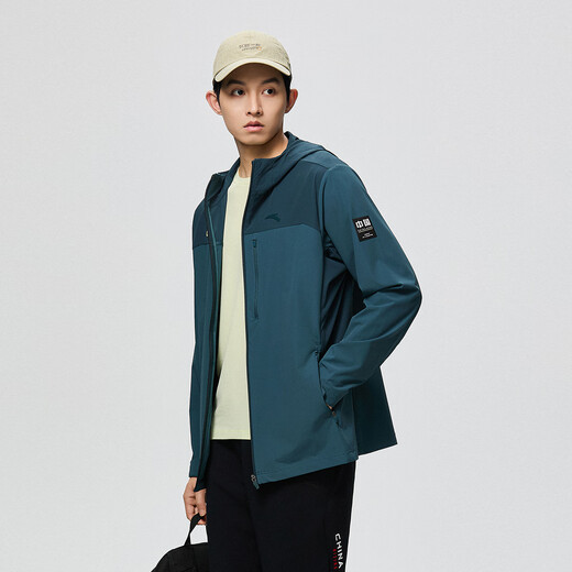 ANTA Sports Jacket Men's Outdoor Water-Repellent Fishing Jacket Mountaineering Thin Hooded Running Jacket Winter New Long-Sleeved Men Water-Repellent Ninja Green/Tianpine Green-1 XL