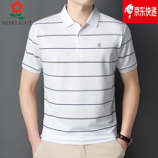梦特娇夏季桑蚕丝短袖t恤男装中年爸爸装条纹翻领半袖Polo衫男 723 鱼水蓝 2XL 180【建议155-175斤】