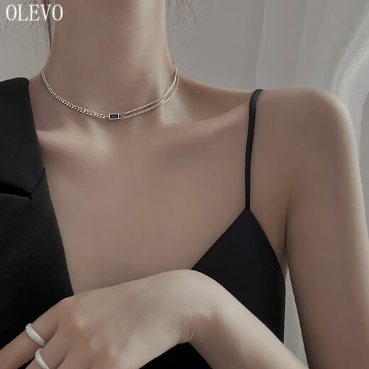 OLEVO韩版双层不对称项链女复古时尚气质方形锁骨链创意小众女新款饰品 XL1278