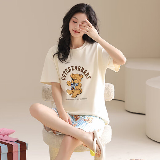 [纯棉][带胸垫]睡衣女夏款短袖短裤学生休闲可外穿家居服套装cker CKE-W6172-1A L