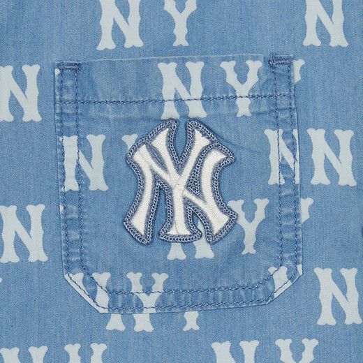 MLB Children's Official Boys and Girls Trendy Luxurious and Fashionable Lapel Full Print Presbyopic Denim Shirt Spring and Summer Style Blue 140 cm