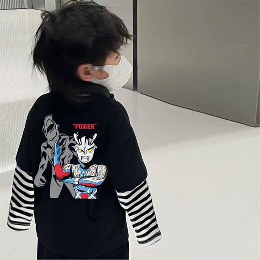 Guanmao Pei Cartoon Cotton T-Shirt Boy Basis Frühlings- und Herbstkinder zweiteiliger gefälschter langärmeliger Junge Bao Guangzhou 13 Reihen Spleiß Baumwolle lose C983 Weiß One Size 110