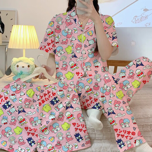 Katie Koreanische Version von Ins Pyjamas für Frauen im Sommer Neue hochwertige kurzärmelige dreiteilige Set von Internet-Promi-Heimkleidung, die draußen getragen werden können. KK14134 L [Vorgeschlagen 100-120 Jin [Jin entspricht 0,5 kg]]]