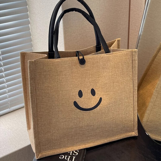 Xingxi Canvas Bag Women's Handbag 2025 New Large Capacity Linen Handbag Women's Ins Work Commuting Tote Bag Portable Linen Bag Smiley Face Large