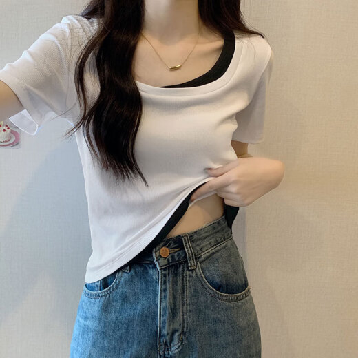 拼接撞色方领黑色短袖假两件女生夏季新款ins内搭打底短款上衣 杏色 【KK-R719】 M
