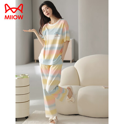 猫人（MiiOW）夏季女士短袖睡衣套装100纯棉长裤家居服全棉可外穿夏天条纹卡通 Y9712 M (建议75-95斤)