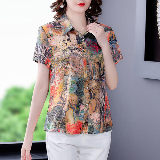 Kuss Yixiu Guangdong Puning High-End-Hemd für Frauen mit kurzärärmernem Frauen-Seidenhemd für Frauen im Sommer, mittleren und älteren Müttern für halbärmelige 9913 Farbe L [Vorgeschlagen 90-105 Jin [Jin gleich 0,5 kg]]
