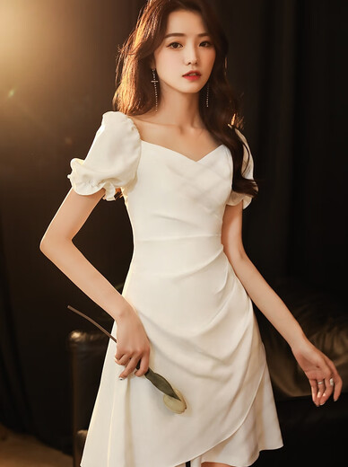婉览领证登记白色小晚礼服平时可穿小个子宴会气质法式订婚连衣裙夏季 952  白色 S
