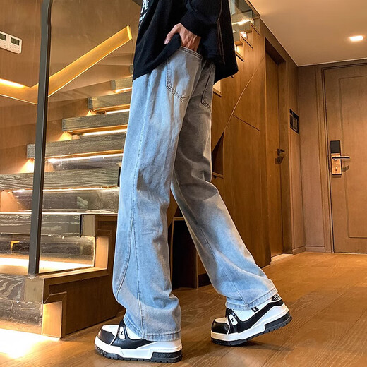 JEANSWEST scimitar scimitar jeans boys American high street wide-leg straight black casual bell-bottom pants men's summer thin style 621 black [drawstring style] L [120-140Jin [Jin equals 0.5 kg]]
