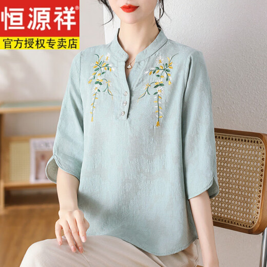 恒源祥母亲节妈妈夏装棉麻套装国风绣花短袖T恤中老年女装新中式两件套 9903绿色 XL 建议80-110斤