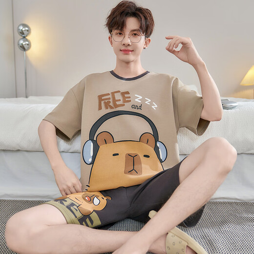
Zisong summer large-size short-sleeved cotton pajamas men's round neck plus fat plus size 260 Jin [Jin equals 0.5 kg] Thin fat man loose home clothing set b short-sleeved 1517 L Recommended weight 110-135 Jin [Jin equals 0.5 kg]