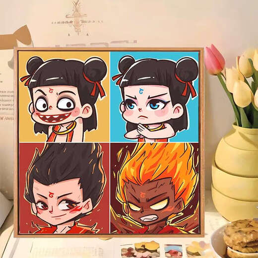 Q version of Nezha: The Devil Child’s Sea Digital Oil Painting Diy Ao Bing Nezha Cartoon 2025 Handmade Oil Painting Nezha J1047 20*20cm Inner Frame Ultra-clear Line Drawing 0 Basics