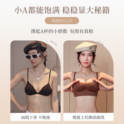 蜜桃杯适合胸小的胸罩内衣女小胸显大收副乳防下垂小熊舒适不空杯 咖啡色 S _(建议70A__70B)