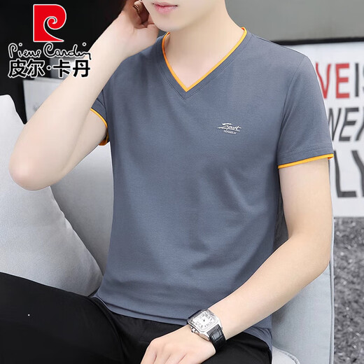 皮尔卡丹（pierre cardin）2025新款新疆纯棉男士短袖t恤衫打底衫V领体恤潮流半袖夏装上衣服 QY691白色 M 【建 议：85斤至100斤】