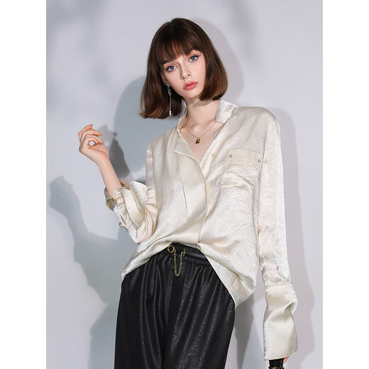
COCOBELLA [100% acetic acid] mercerated fold texture silky draped horse hoof sleeve spring and summer shirt SR7011 Beige L