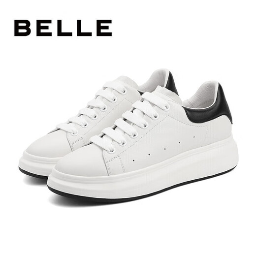 Belle Men's Casual Genuine Leather Business White Shoes Winter Sports Shoes Thick Sole Heightening Sneakers Plus Velvet A0615AM2 White/Black (Single Liner) 40 (250mm)