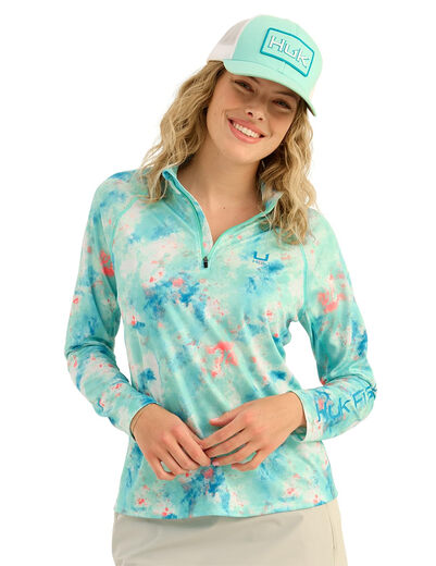 HUK women's quick-drying sun protection sports pullover 1/4 zipper stand collar polyester breathable and sweat-wicking fishing outdoor Bermuda Medium