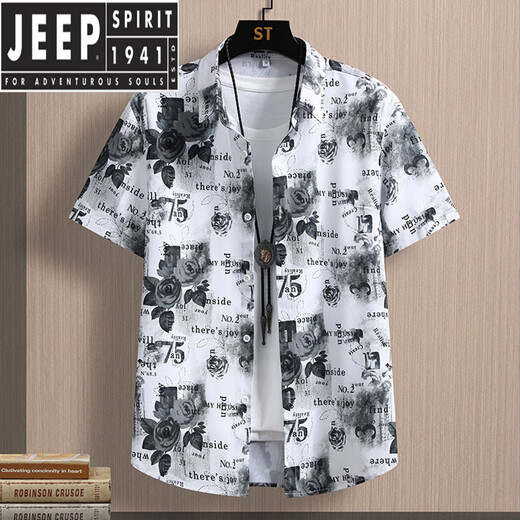 JEEP SPIRIT衬衫男短袖夏季宽松花衬衫冰丝凉感上衣服潮流痞帅休闲五分衬衣男 7126白色+7027黑色 M 建议95~110斤