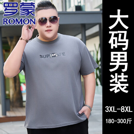 
ROMON high-end pure cotton large-size short-sleeved T-shirt for men in summer round neck plus fat plus big belly large men's half-sleeved fat JXM9901 Black 5XL 195[220-240Jin[Jin equals 0.5 kg]]