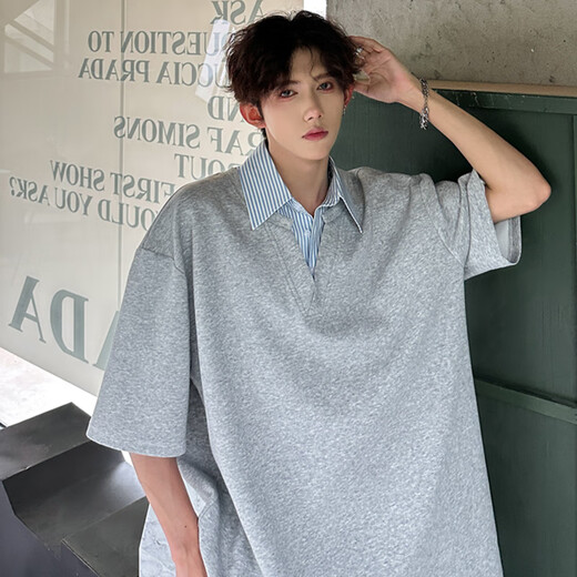 
Digada fake two-piece short-sleeved T-shirt men's Korean summer trendy brand niche design lapel striped loose casual top JHP-1301 gray XL