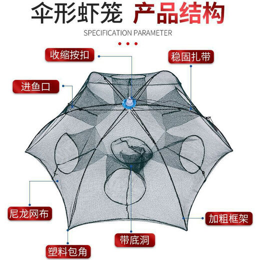 Green Tunan foldable retractable fish net, fish and shrimp cage, lobster fishing net artifact, 8 sides and 8 holes (10 baits + accessories)